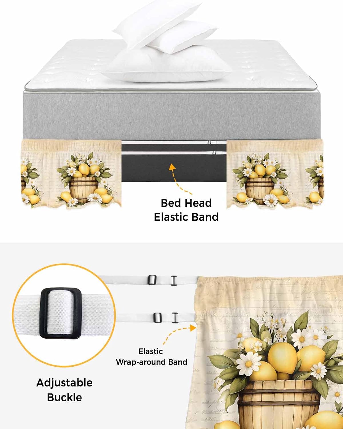 Vintage Lemon Bed Skirt Queen Size 16 Inch Drop, Adjustable Elastic Wrap Around Bed Skirts Easy Fitting Dust Ruffle Bedskirt Bed Frame Cover Yellow Fruit Blossoming Botanical Flower