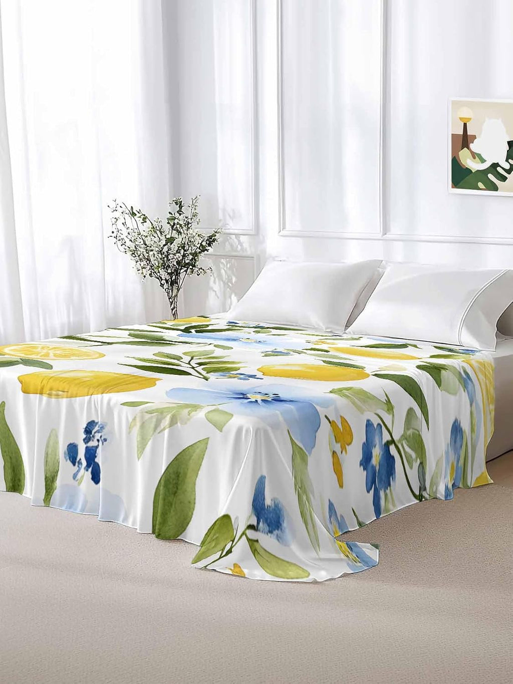 Twin Flat Sheet Only,Watercolor Lemon Floral Leaves Top Sheet Breathable Soft Brushed Polyester Microfiber Bed Sheets,Yellow Blue White Hotel Luxury Bedding Sheets for Women,Men,Teens