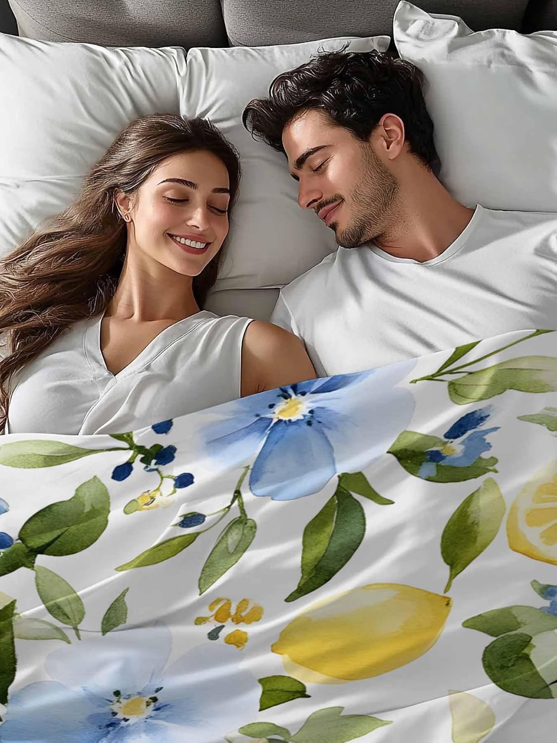 Twin Flat Sheet Only,Watercolor Lemon Floral Leaves Top Sheet Breathable Soft Brushed Polyester Microfiber Bed Sheets,Yellow Blue White Hotel Luxury Bedding Sheets for Women,Men,Teens