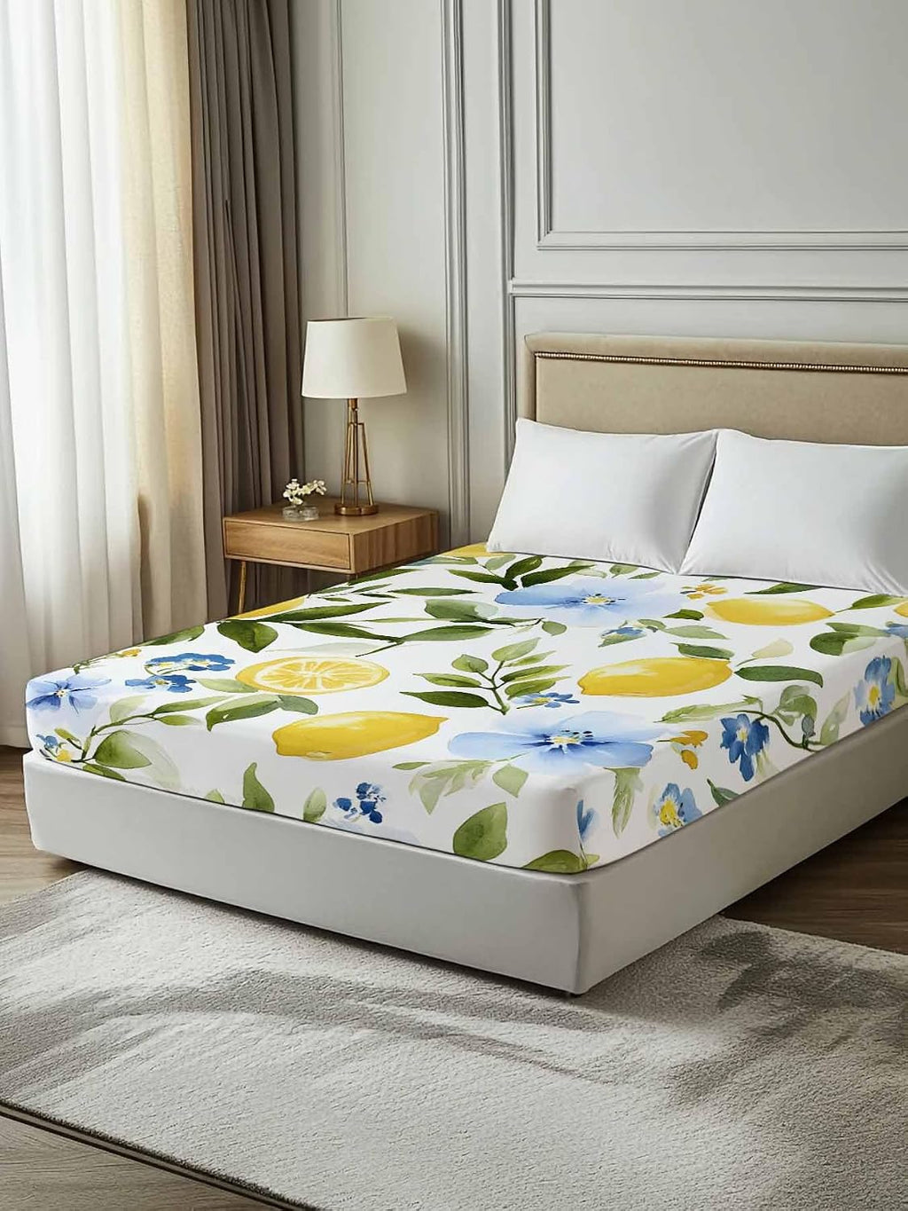 Twin Flat Sheet Only,Watercolor Lemon Floral Leaves Top Sheet Breathable Soft Brushed Polyester Microfiber Bed Sheets,Yellow Blue White Hotel Luxury Bedding Sheets for Women,Men,Teens
