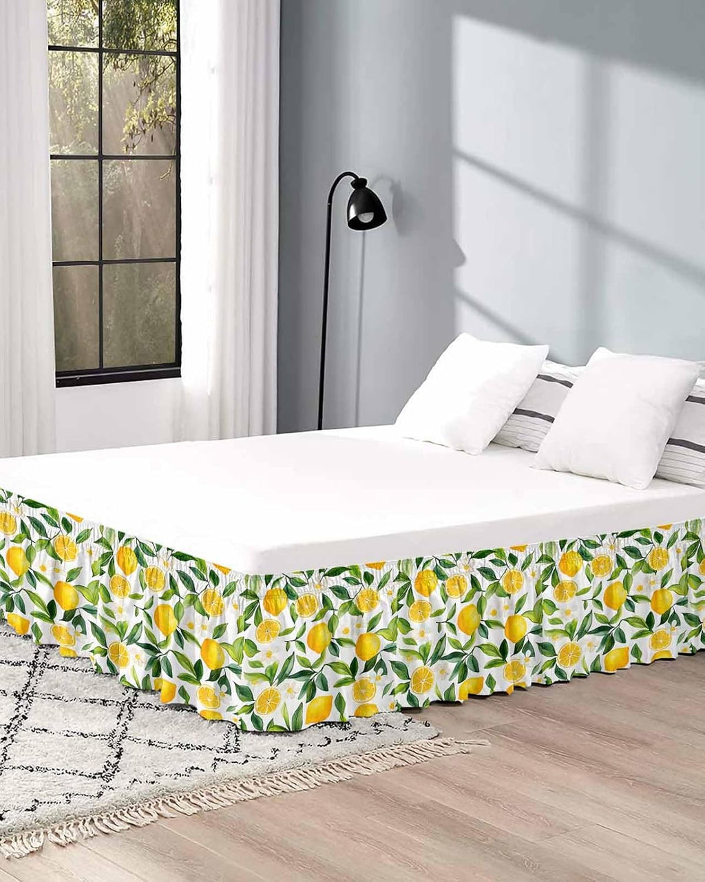 Yellow Lemon Bed Skirt Queen Size 16 Inch Drop, Adjustable Elastic Wrap Around Bed Skirts Easy Fitting Dust Ruffle Bedskirt Bed Frame Cover Botanical White Floral Green Leaves