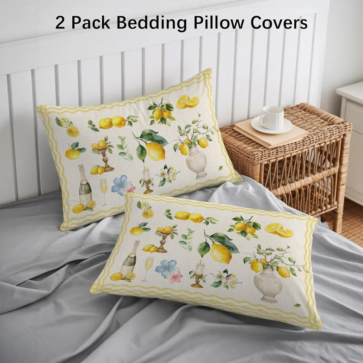 Boho Lemons Pillow Cases Standard Size Set of 2 - Microfiber Bed Throw Pillow Covers, Summer Vintage Yellow Fruits Flowers Leaf Stripe Decorative Lumbar Pillow Cover with Envelope Closure 20"x26"