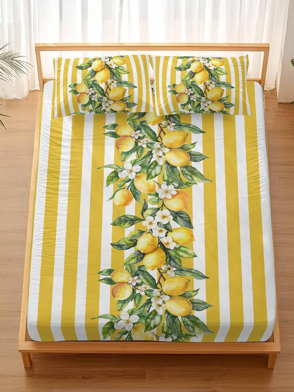 3 Pieces Twin Fitted Sheet Set, Watercolor Summer Farm Lemon Leaves Deep Pocket Up to 16", Yellow Stripe Soft Elastic Bed Sheets and Pillow Cases Secure Fit