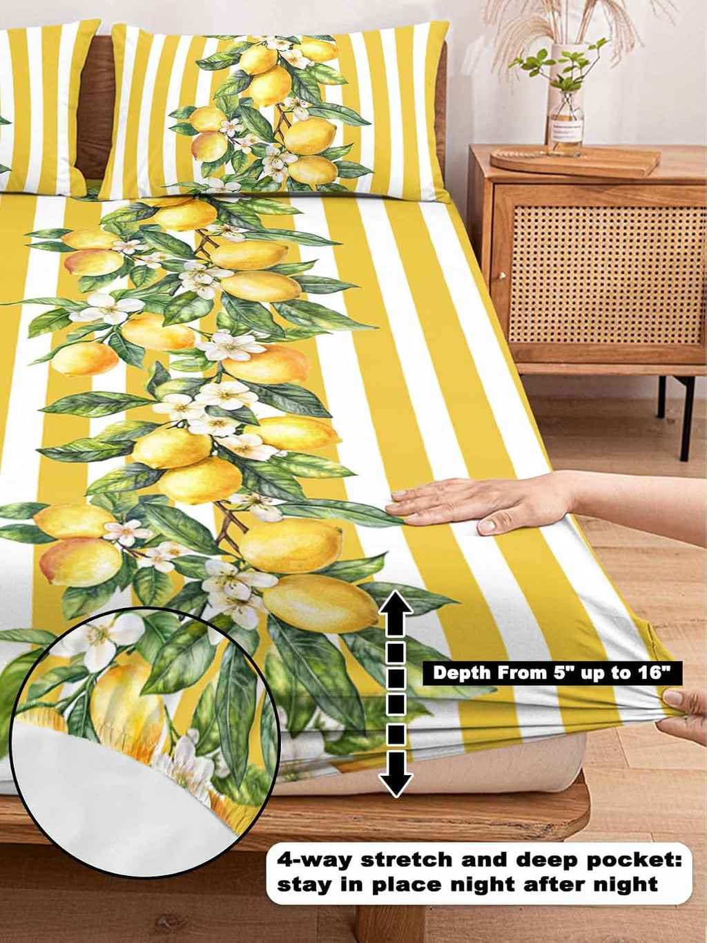 3 Pieces Twin Fitted Sheet Set, Watercolor Summer Farm Lemon Leaves Deep Pocket Up to 16", Yellow Stripe Soft Elastic Bed Sheets and Pillow Cases Secure Fit