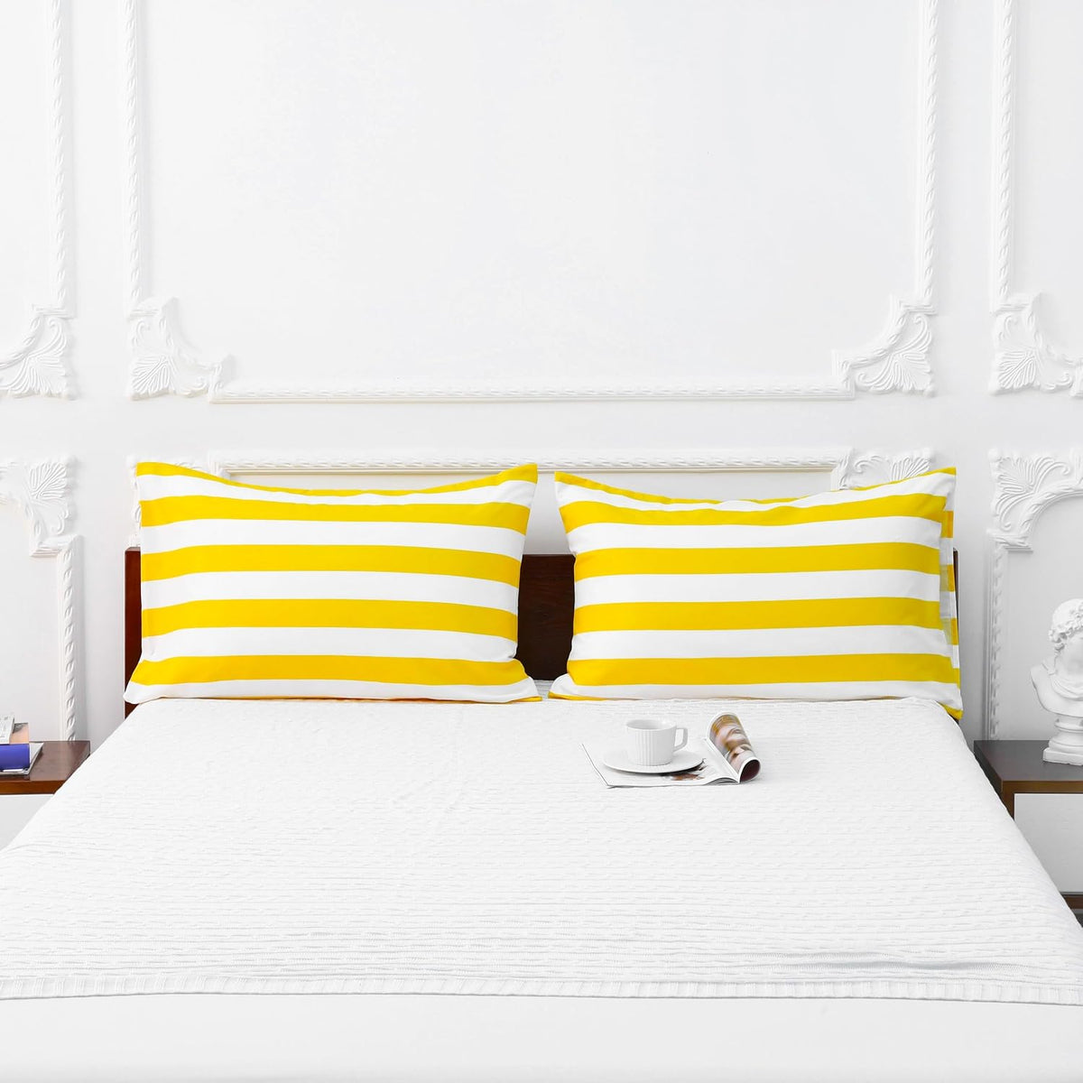 Queen Pillowcases Set of 4 – Yellow and White Striped 1800 Thread Count Brushed Microfiber Pillow Covers, Ultra Soft and Cozy with Envelope Closure, 20x30 Inches