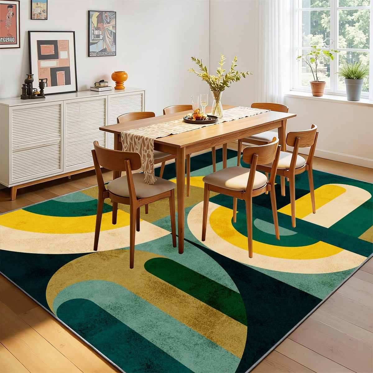 Modern Area Rug, 4x6ft Contemporary Carpet, Teal Green Yellow Beige Rug, Mid-Century Style Carpets, Retro Curved Arch Pattern, Non-Slip Washable Carpet for Living Room Bedroom Vintage Home Decor