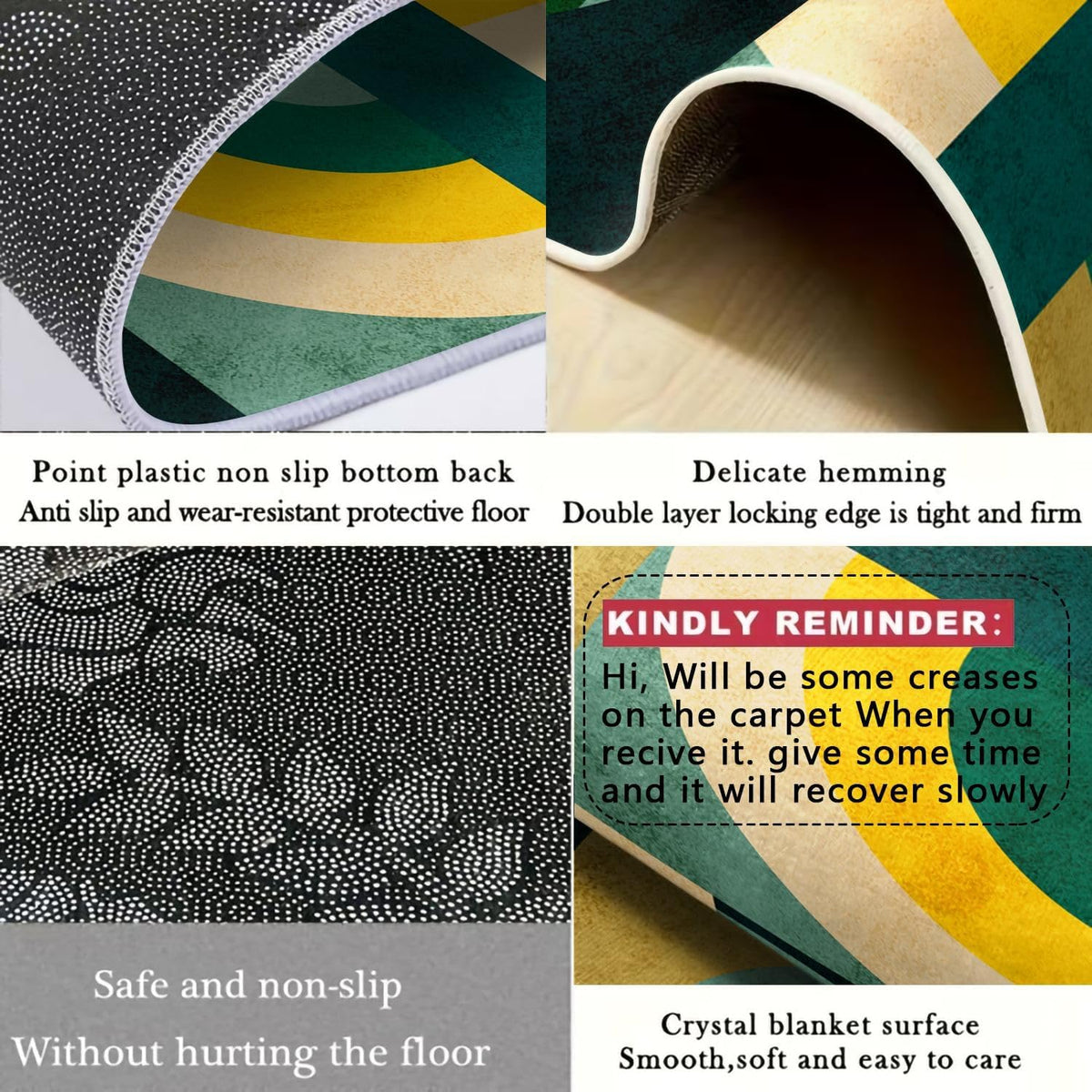Modern Area Rug, 4x6ft Contemporary Carpet, Teal Green Yellow Beige Rug, Mid-Century Style Carpets, Retro Curved Arch Pattern, Non-Slip Washable Carpet for Living Room Bedroom Vintage Home Decor