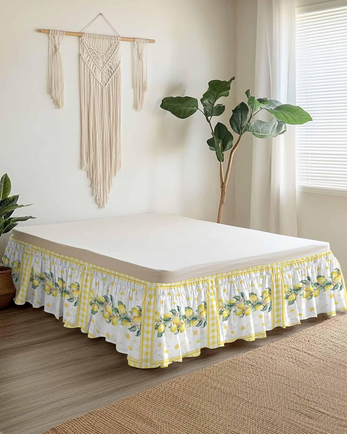 Yellow Lemon Wrap Around Bed Skirt Queen Size, Dust Ruffled 16 Inch Tailored Drop with Adjustable Elastic Belt Pleated, Summer Botanical Plaid Elegant Pastoral Luxury Bedding Skirts for Bedroom