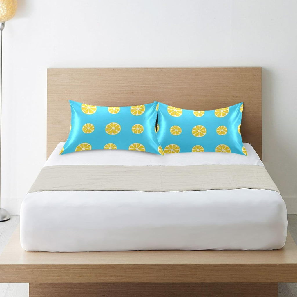 Yellow Lemon Slices Satin Pillowcase for Hair and Skin, Soft Breathable Pillow Case Anti-Wrinkle Cooling Silk Pillow Cover with Envelope Closure for Bedroom, Standard 20 x 26 Inches