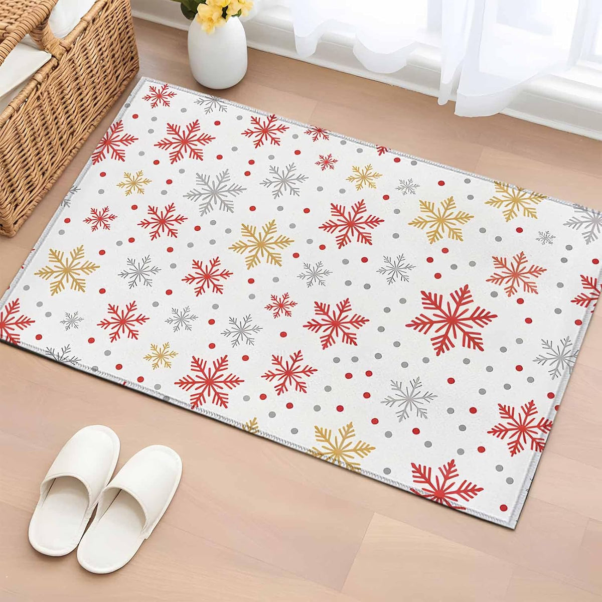 Merry Christmas 2x3 Area Rugs for Living Room, Vintage Watercolors Winter Red Yellow Orange White Snowflakes Non Slip Floor Mat Washable Low-Profile Indoor Carpet for Bedroom, Dining Room, Bathroom