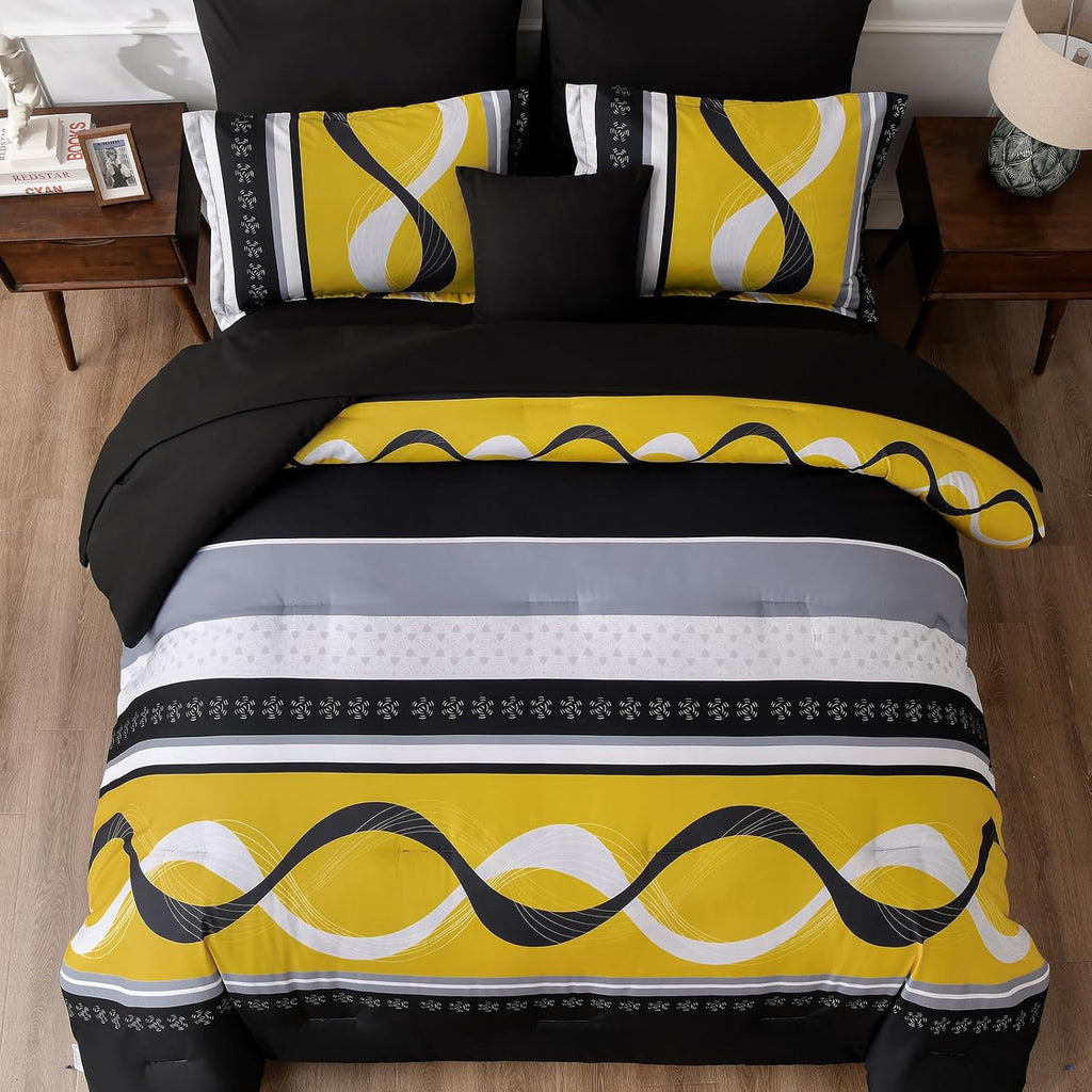 Black Yellow Comforter Set Queen Size,8 Pieces Bed in a Bag