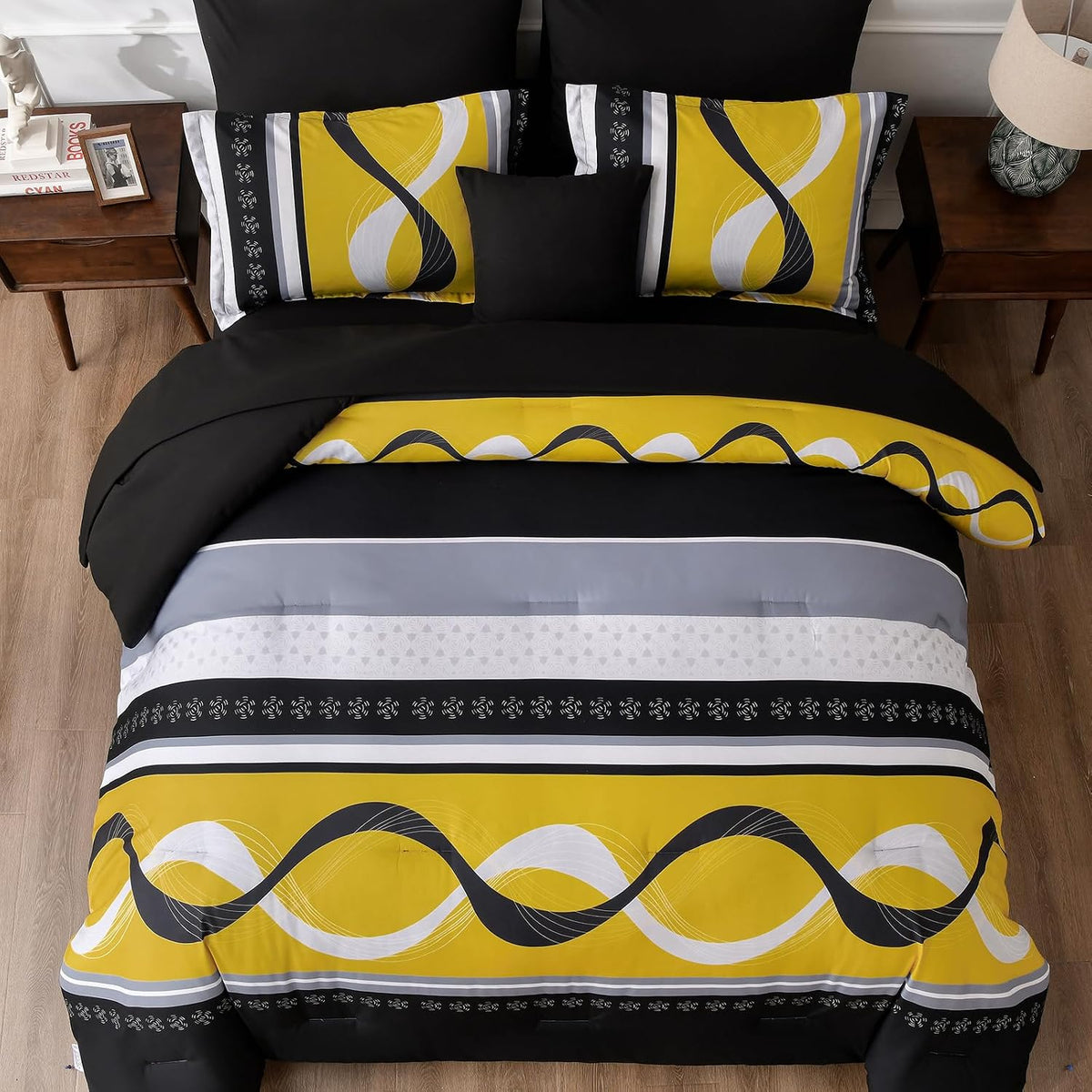 Black Yellow Comforter Set Queen Size,8 Pieces Bed in a Bag