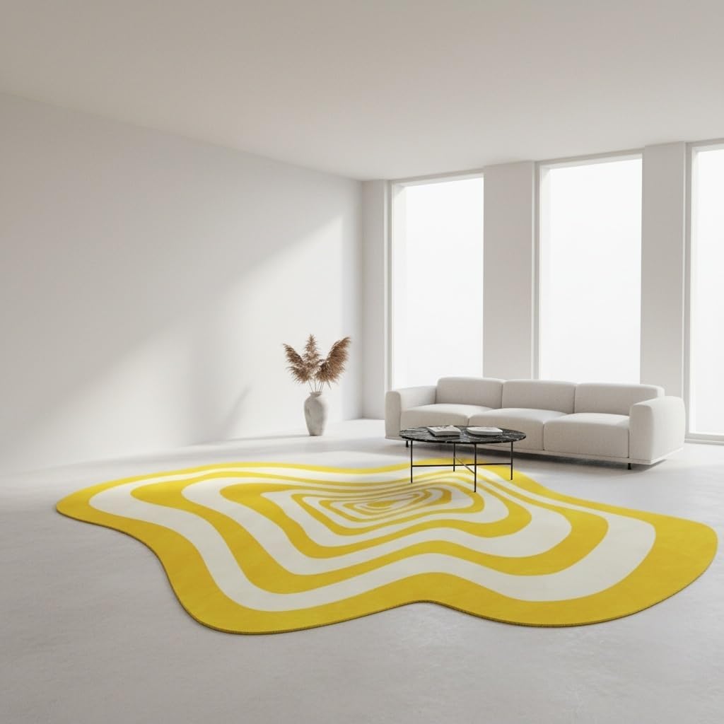 Modern Abstract Shaped Fluid Art Psychedelic Rug for Living Room Bedroom Playroom Nursery Aesthetic Room Deco Irregular Area Rug 2x3 Under Dining Coffee Table Anti Slip Floor Mat Bright Yellow White