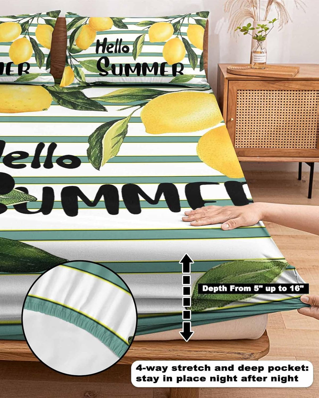 Summer Yellow Lemon Leaf on Striped Twin Bed Fitted Sheets Farmhouse Fruit Theme Bed Set with 16" Deep Pocket for Single Bed,Soft Microfiber Bottom Sheet with Decorative Pillowcases