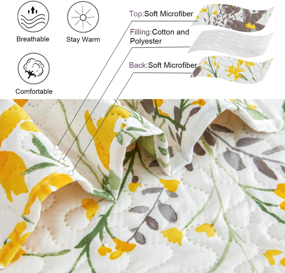 Floral Quilt Sets Full/Queen Size Reversible Countryside Bedspread Coverlets Lightweight Yellow Flower Quilt Green Leaves Bed Covers for All Season,1 Quilt +2 Pillow Shams