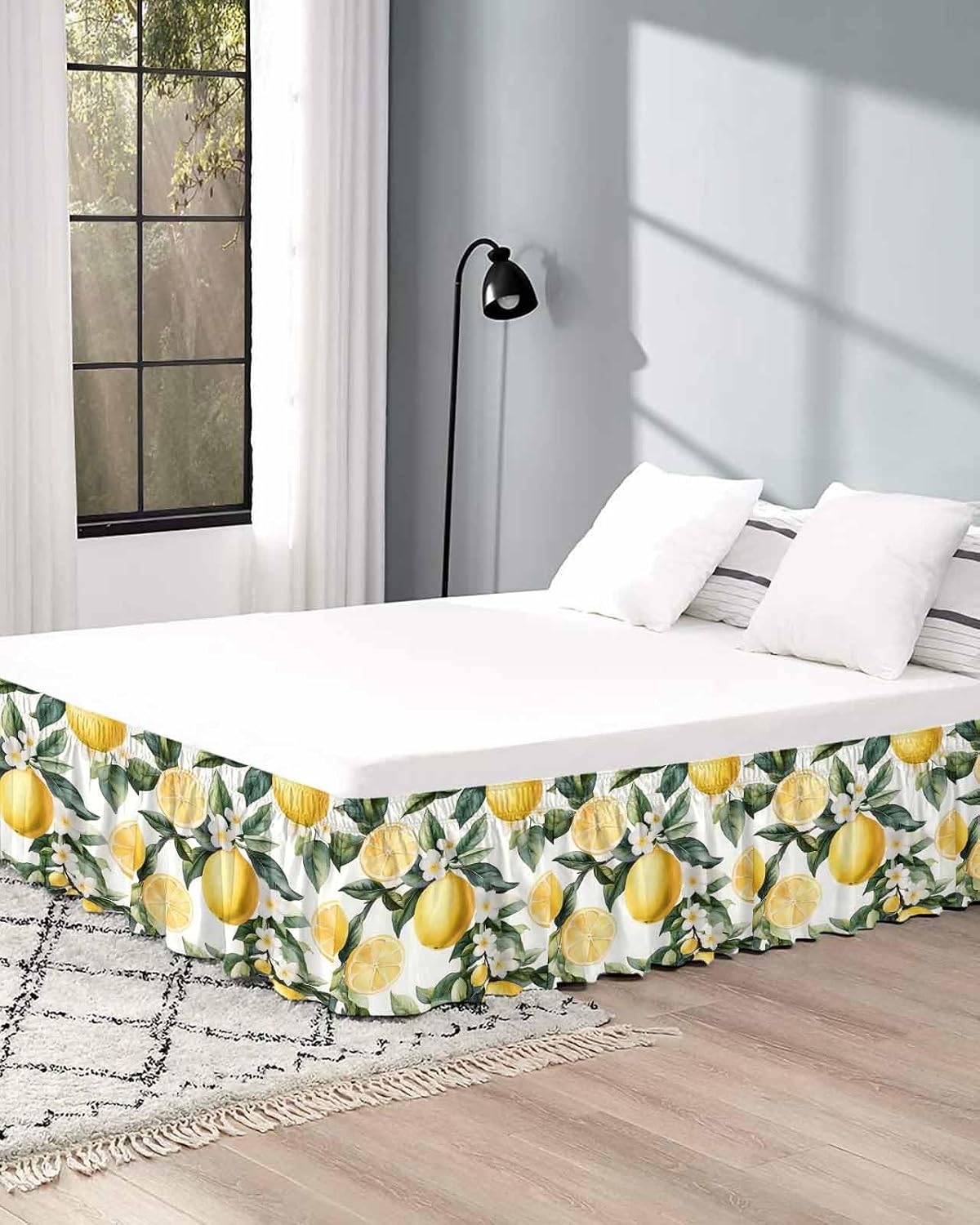 Yellow Lemon Bed Skirt Queen Size 16 Inch Drop, Adjustable Elastic Wrap Around Bed Skirts Easy Fitting Dust Ruffle Bedskirt Bed Frame Cover Country Fruit Floral Watercolor Green White