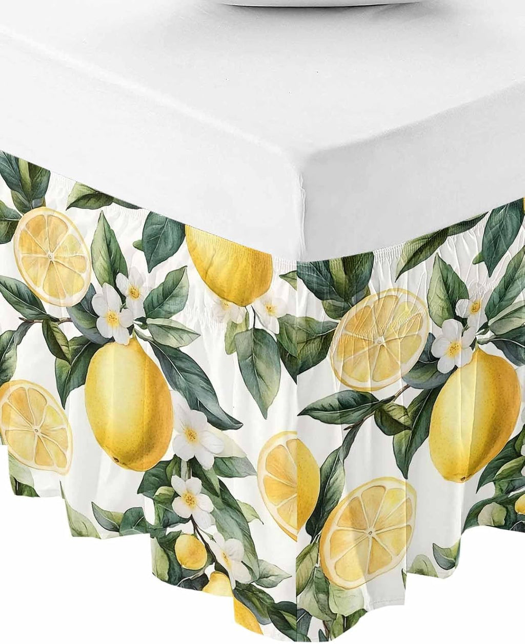 Yellow Lemon Bed Skirt Queen Size 16 Inch Drop, Adjustable Elastic Wrap Around Bed Skirts Easy Fitting Dust Ruffle Bedskirt Bed Frame Cover Country Fruit Floral Watercolor Green White