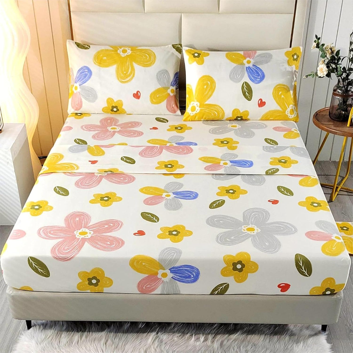 4 Pieces Yellow Floral Sheets Set Queen, Soft Microfiber Floral Sheets Queen Size, Fade Resistant, Flower Sheet Bed Set Deep Pocket All Season