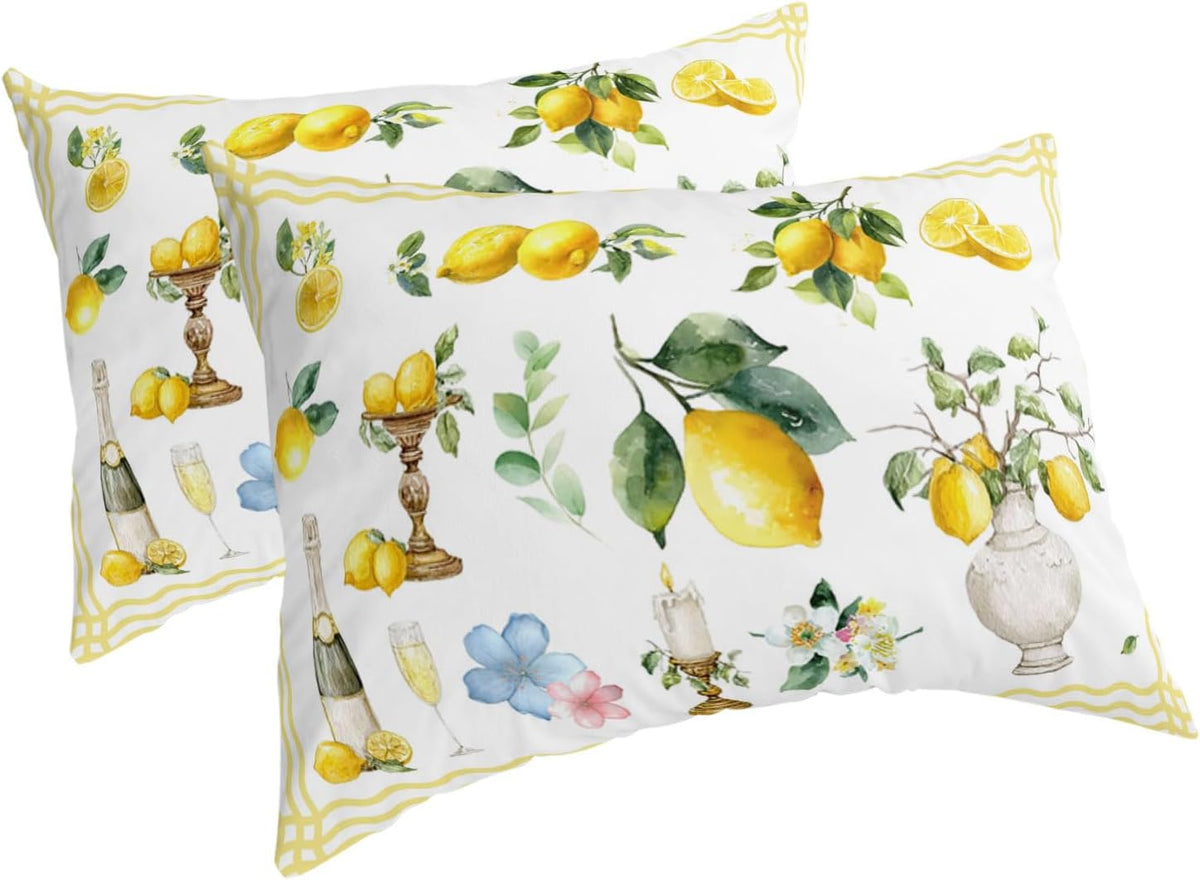 Pillow Cases Standard Size Set of 2, Boho Lemons Breathable Microfiber Pillow Covers with Envelope Closure, Summer Yellow Fruits Flowers Leaf Stripe Luxurious Bed Pillowcases, 20x26 Inch