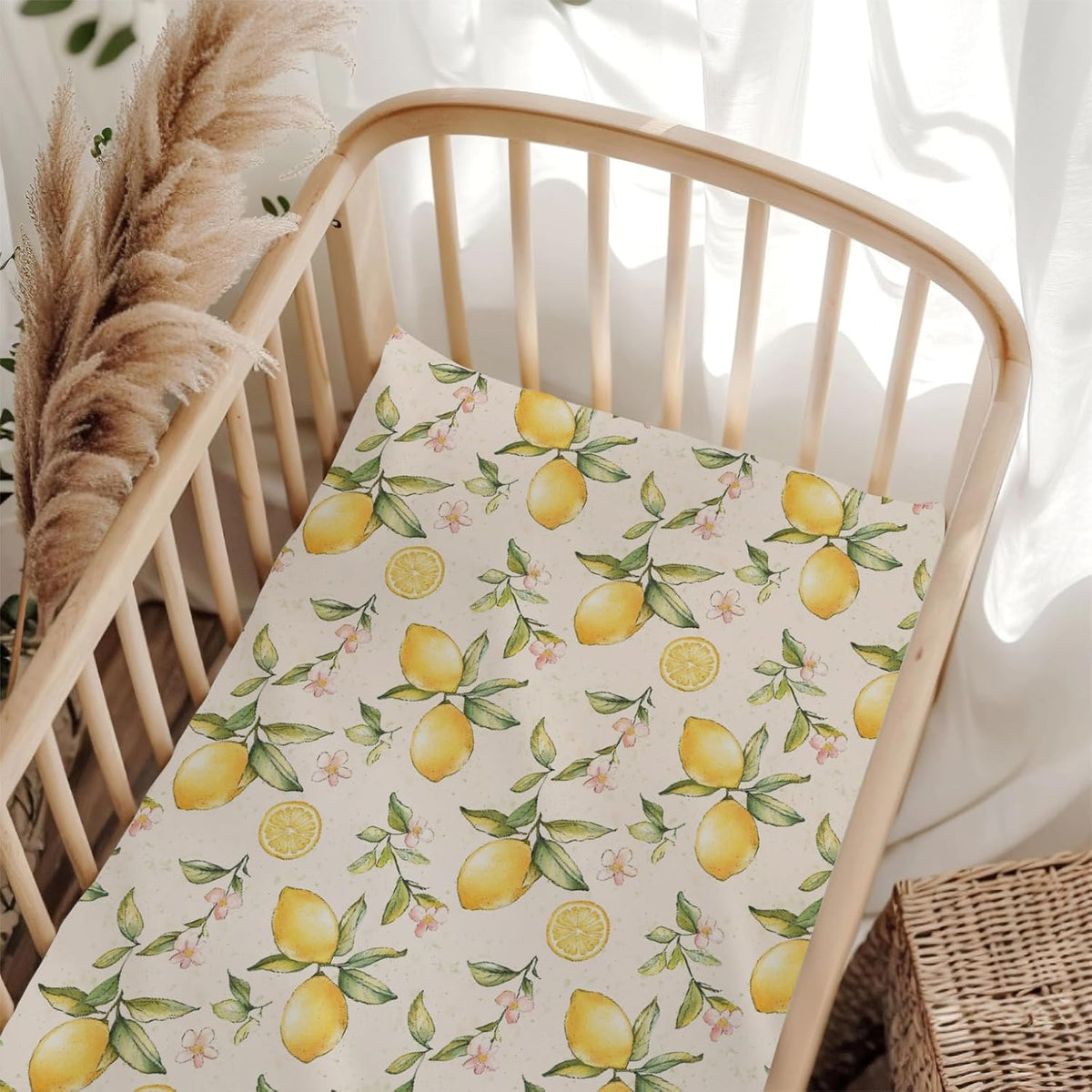 Vintage Lemon Floral Pink Baby Crib Sheet for Boys & Girls 52x28x9 in Yellow Lemons Wildflowers Leaves Baby Sheet for Standard Crib and Toddler Bed Mattress Summer Fruit Bed Mattress