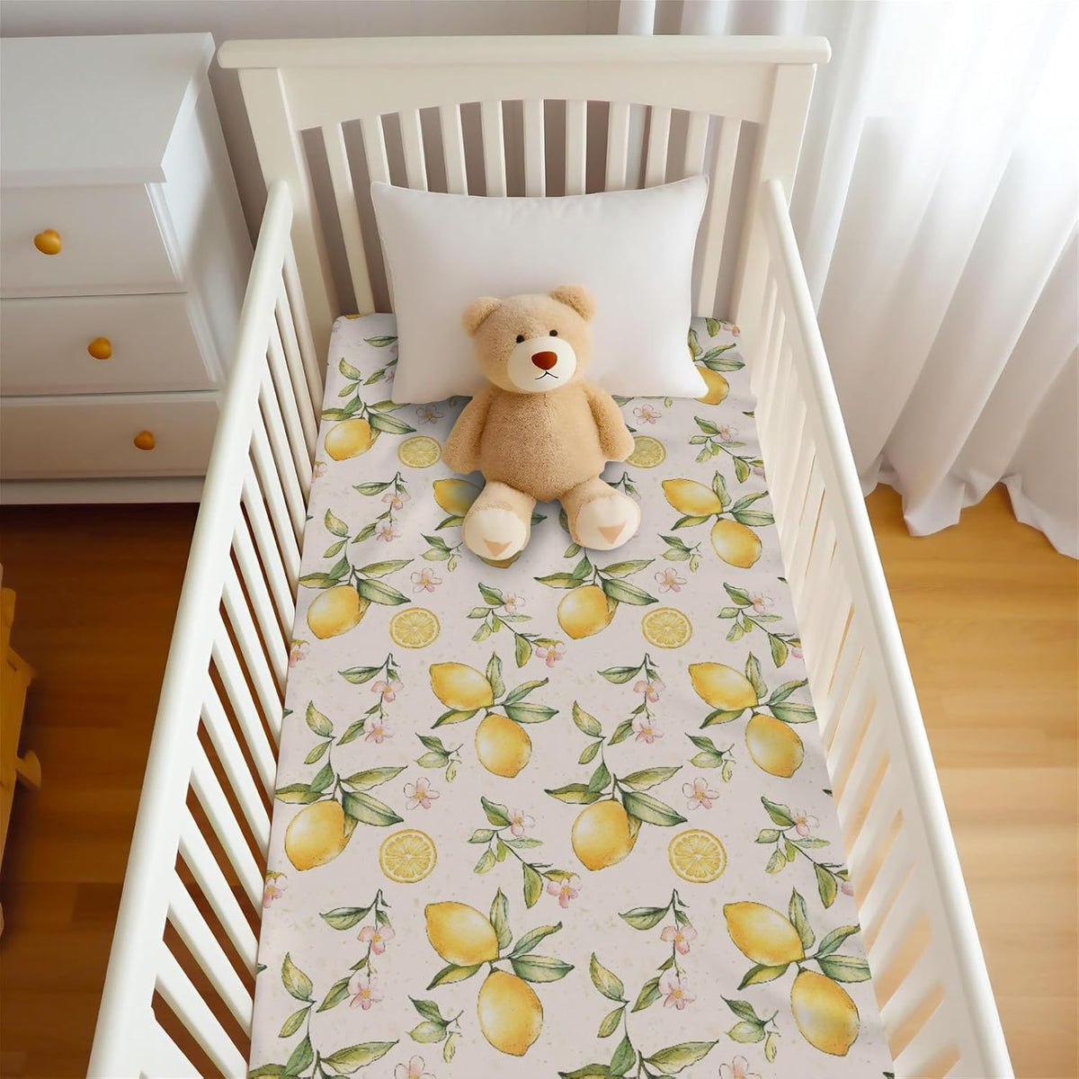 Vintage Lemon Floral Pink Baby Crib Sheet for Boys & Girls 52x28x9 in Yellow Lemons Wildflowers Leaves Baby Sheet for Standard Crib and Toddler Bed Mattress Summer Fruit Bed Mattress