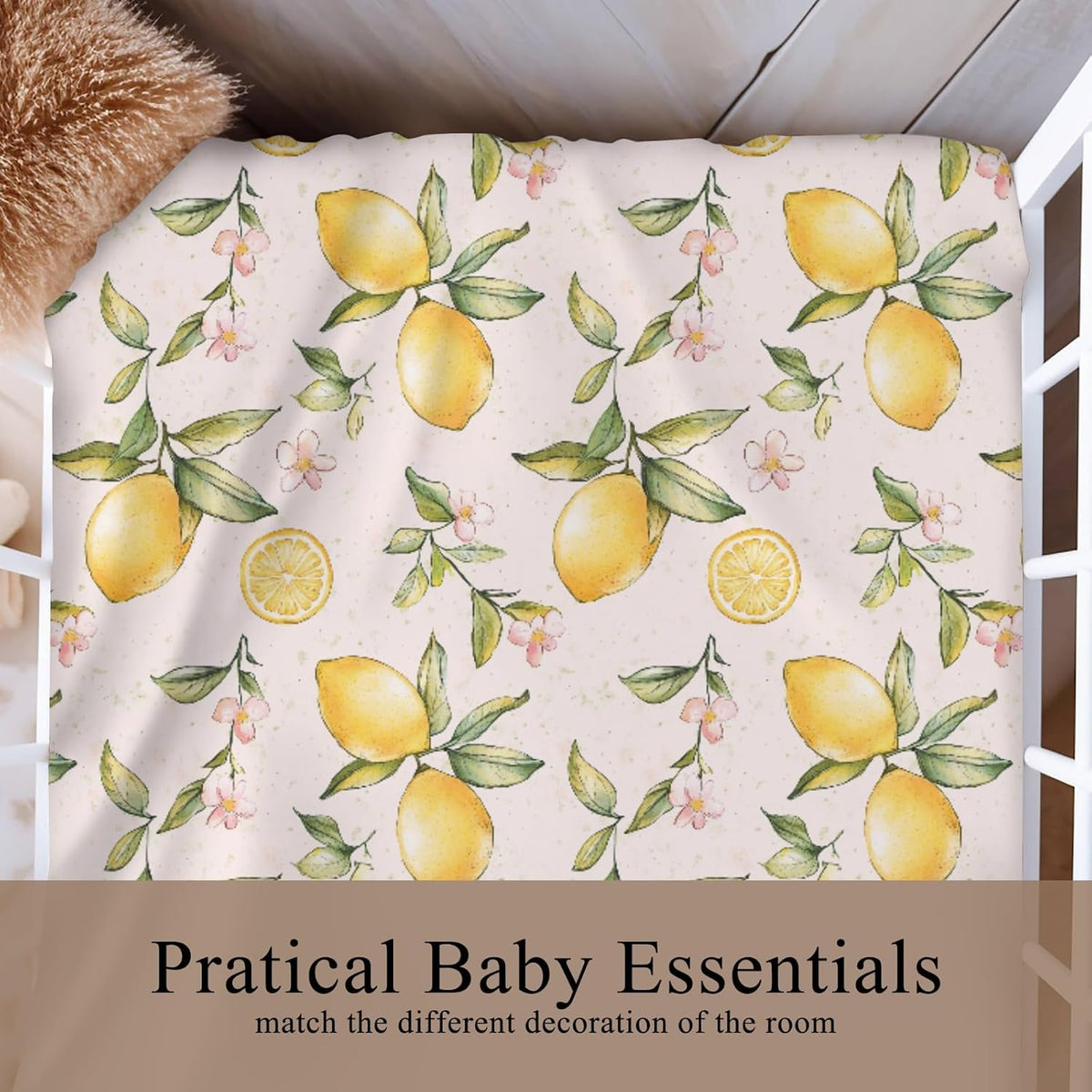 Vintage Lemon Floral Pink Baby Crib Sheet for Boys & Girls 52x28x9 in Yellow Lemons Wildflowers Leaves Baby Sheet for Standard Crib and Toddler Bed Mattress Summer Fruit Bed Mattress
