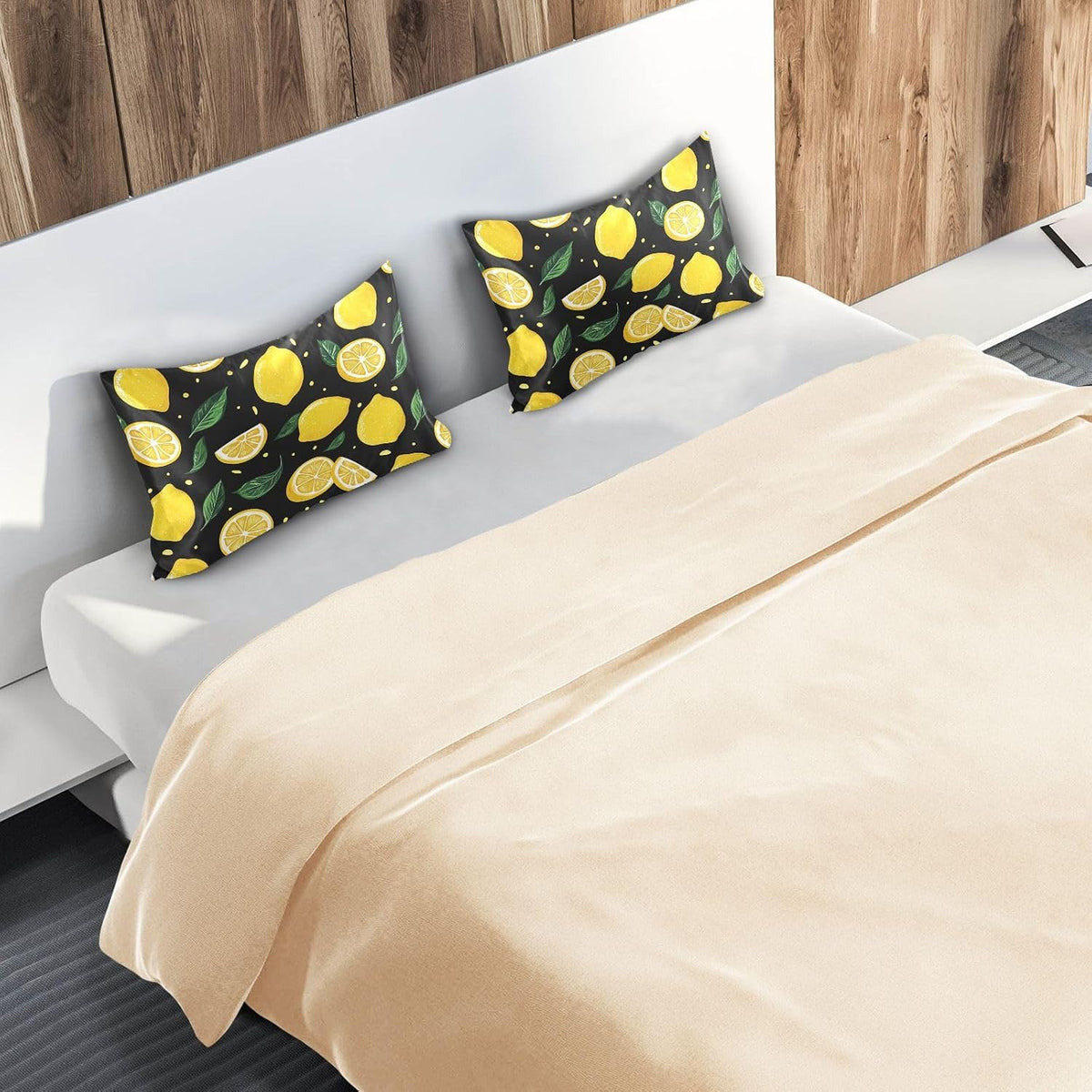Lemons Yellow Satin Pillowcase with Envelope Closure Green Black Standard Size Pillow Case, Silky Pillow Cover for Home Bedroom Sofa 20x26 in