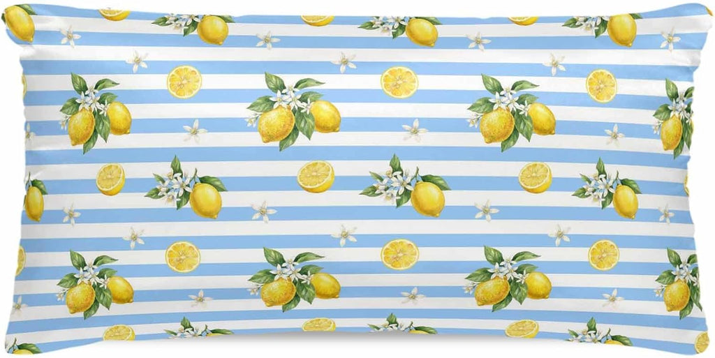 Summer Fruit Satin Pillowcase for Hair and Skin, Yellow Lemon Rustic Flower Blue Stripes Silky Pillow Cases Standard Size with Zipper 1 Pack Soft Cooling Pillow Cover for Women Men, 20''x40''