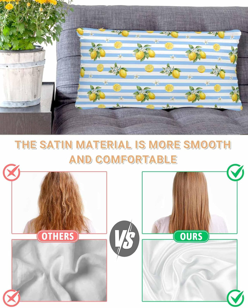 Summer Fruit Satin Pillowcase for Hair and Skin, Yellow Lemon Rustic Flower Blue Stripes Silky Pillow Cases Standard Size with Zipper 1 Pack Soft Cooling Pillow Cover for Women Men, 20''x40''