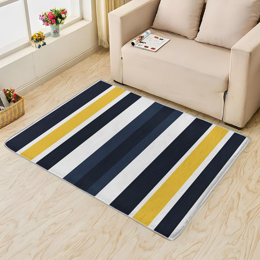 2x3 Striped Throw Rug, Yellow and Navy Blue Stripes Area Rugs for Entryway Living Room Bedroom, Minimalist Home Decor Carpet - Washable Indoor Door Mat, Non Slip Pet Friendly