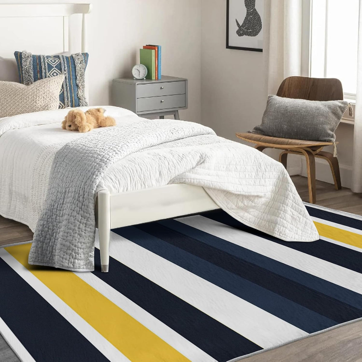 2x3 Striped Throw Rug, Yellow and Navy Blue Stripes Area Rugs for Entryway Living Room Bedroom, Minimalist Home Decor Carpet - Washable Indoor Door Mat, Non Slip Pet Friendly