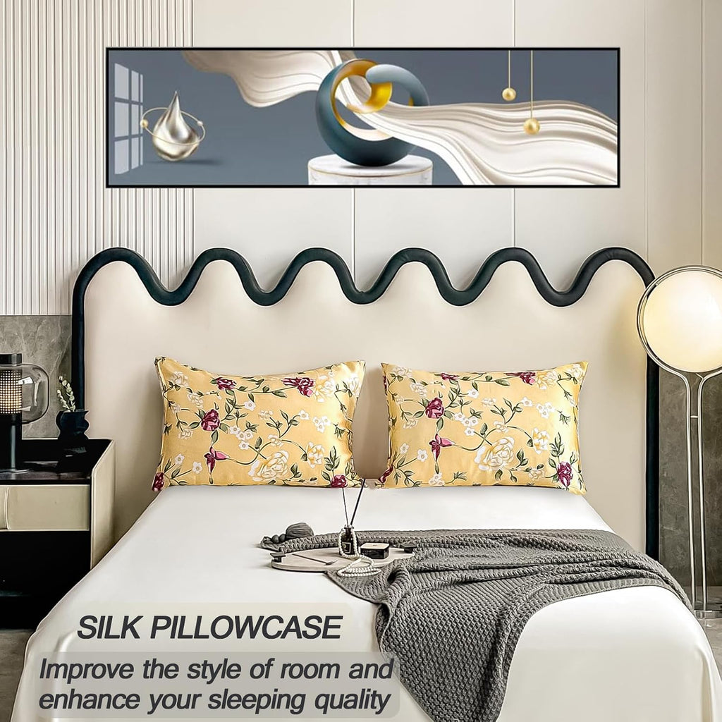 100% Pure Mulberry Silk Pillowcase Standard Size for Hair and Skin,Yellow Real Silk Pillow Cases with Zipper,Soft and Cooling,Both Sides Natural Slip Silk,Floral Print,1pc(20"x26", Pattern5)