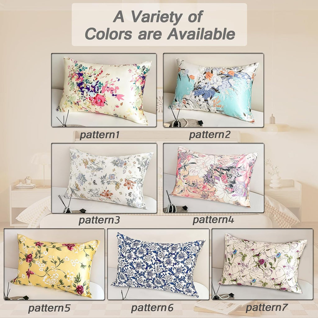 100% Pure Mulberry Silk Pillowcase Standard Size for Hair and Skin,Yellow Real Silk Pillow Cases with Zipper,Soft and Cooling,Both Sides Natural Slip Silk,Floral Print,1pc(20"x26", Pattern5)