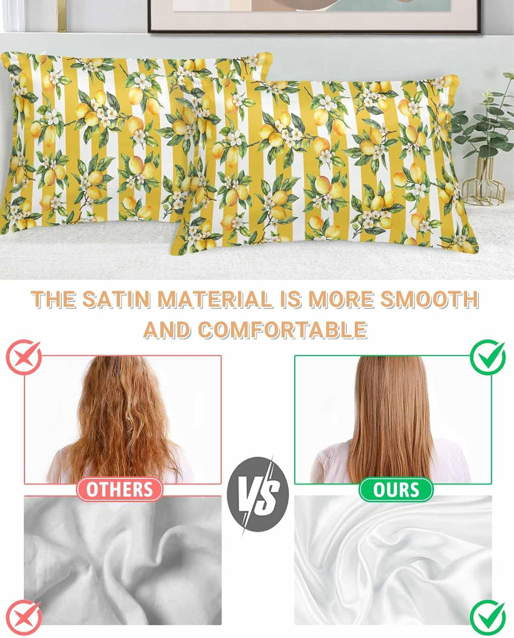 Lemon Standard Pillowcase Set of 2, Summer Yellow Stripes Satin Pillow Case with Smooth Hidden Zipper Closure, Soft Throw Covers for Couch Sofa Home Decoration 20 X 26 Inches