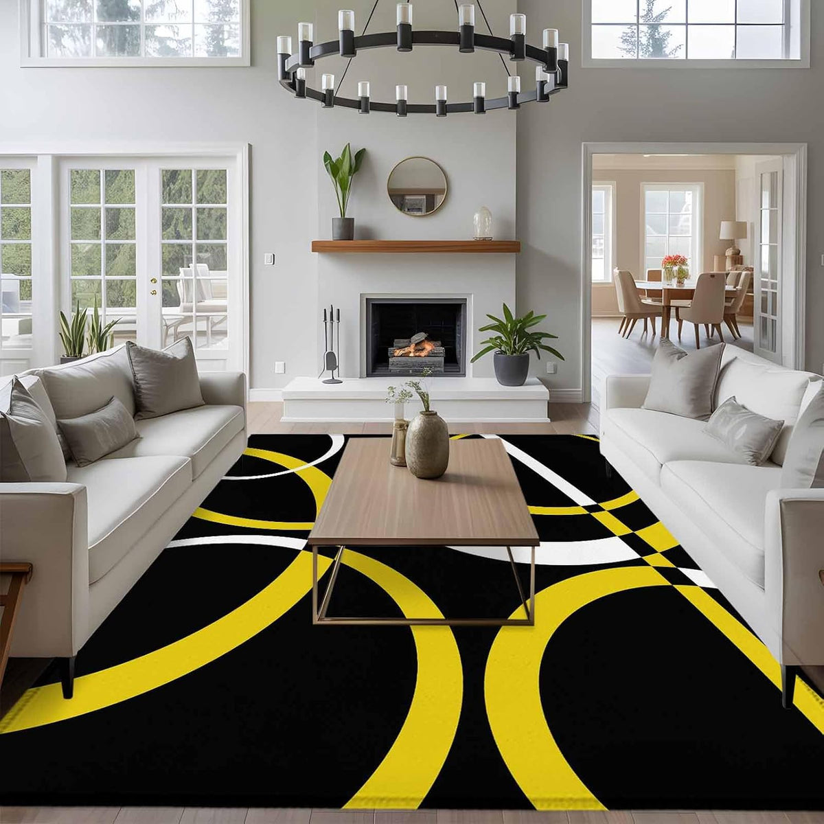 5x7ft Modern Abstract Art Area Rug Non Slip Soft Washable Yellow White Geometric Circle Rectangle Area Rugs Low Pile Indoor Carpet Mat for Bedroom Living Room Dining Entryway