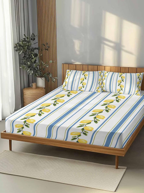 3 Pieces Twin XL Fitted Sheet Set, Summer Lemon Leaves Deep Pocket Up to 16", Blue Yellow Striped Soft Elastic Bed Sheets and Pillow Cases Secure Fit