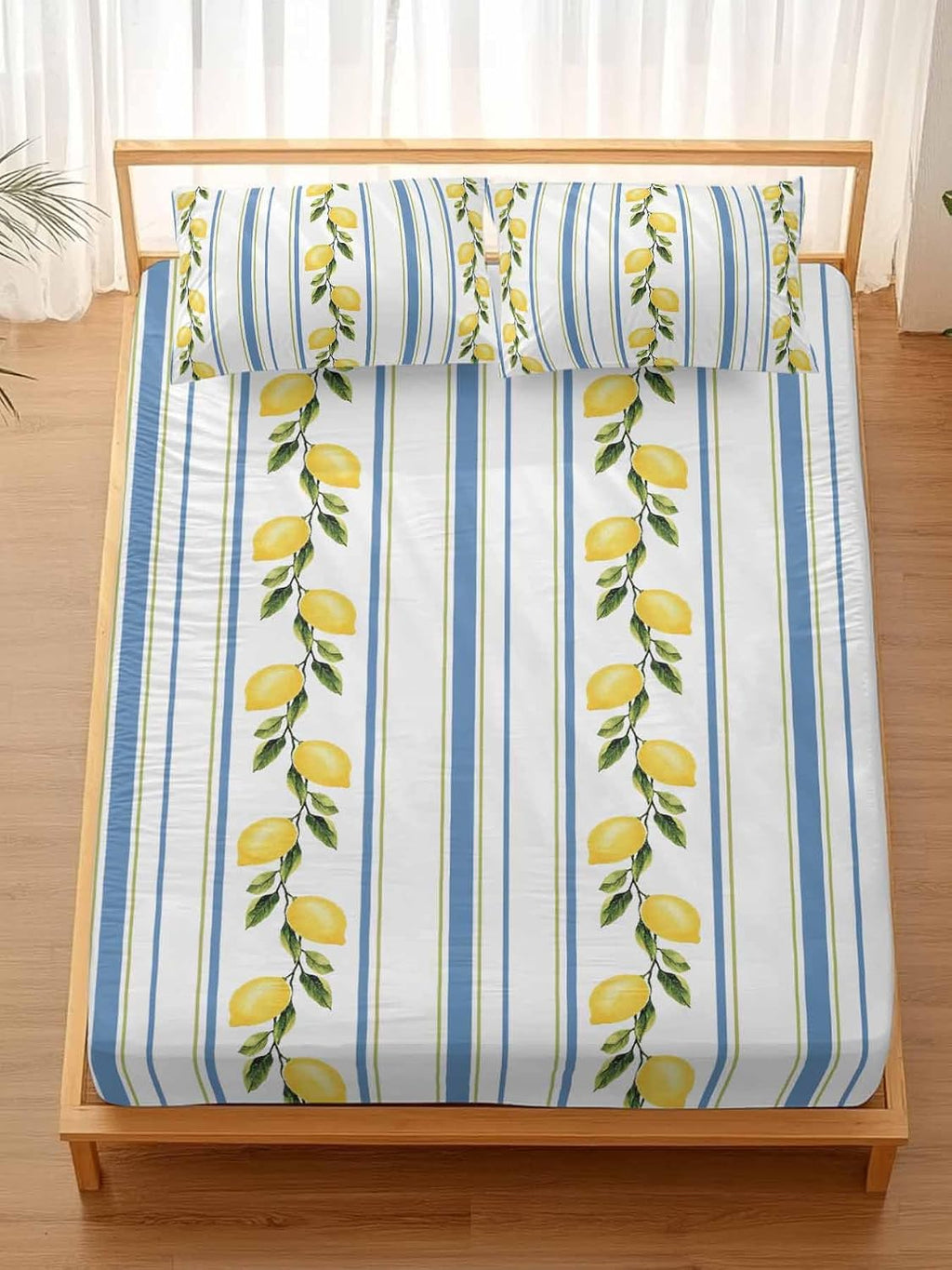 3 Pieces Twin XL Fitted Sheet Set, Summer Lemon Leaves Deep Pocket Up to 16", Blue Yellow Striped Soft Elastic Bed Sheets and Pillow Cases Secure Fit