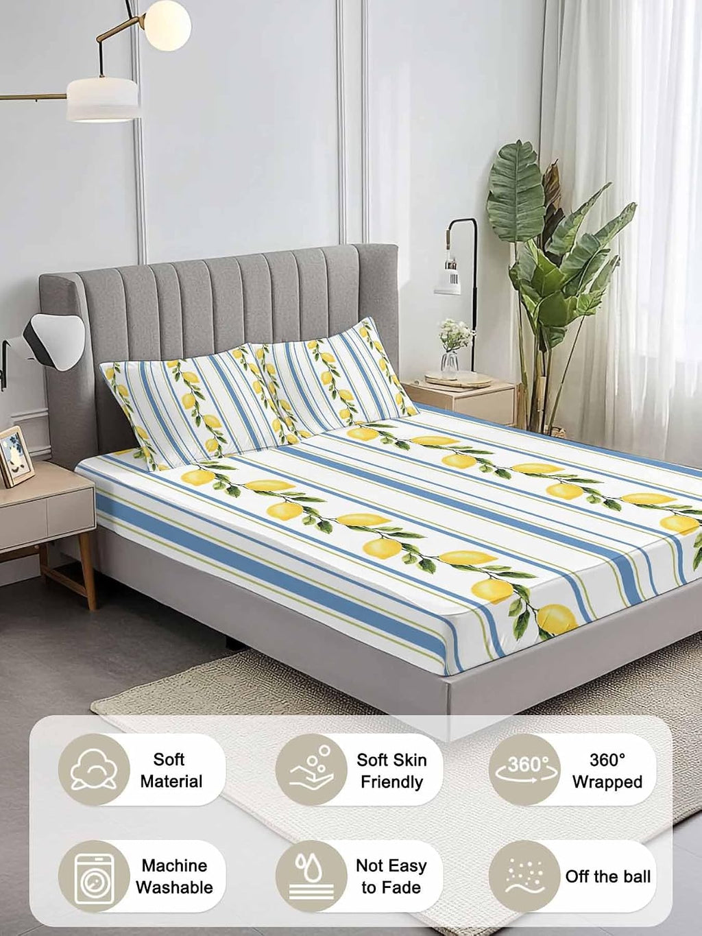 3 Pieces Twin XL Fitted Sheet Set, Summer Lemon Leaves Deep Pocket Up to 16", Blue Yellow Striped Soft Elastic Bed Sheets and Pillow Cases Secure Fit