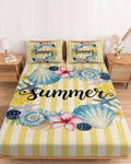 Twin Fitted Sheet, Summer Sea Stars Shells Lemon Soft Brushed Microfiber Deep Pocket Bed Sheets Set, Vintage Yellow Striped Breathable Bottom Sheets with Pillowcase,Fits Mattress Up to 16"