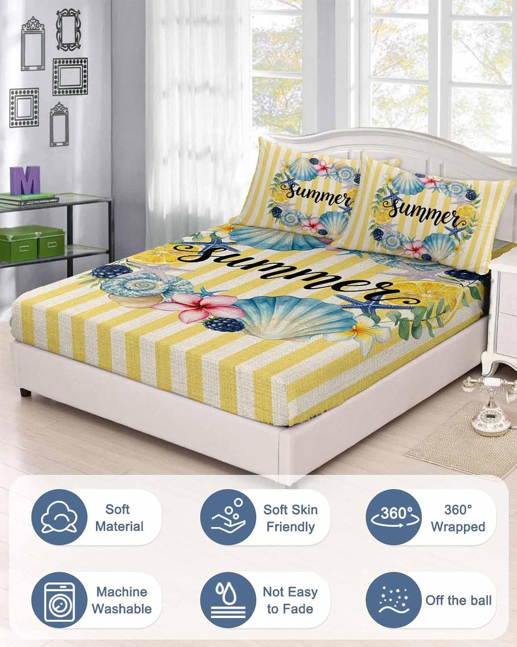 Twin Fitted Sheet, Summer Sea Stars Shells Lemon Soft Brushed Microfiber Deep Pocket Bed Sheets Set, Vintage Yellow Striped Breathable Bottom Sheets with Pillowcase,Fits Mattress Up to 16"