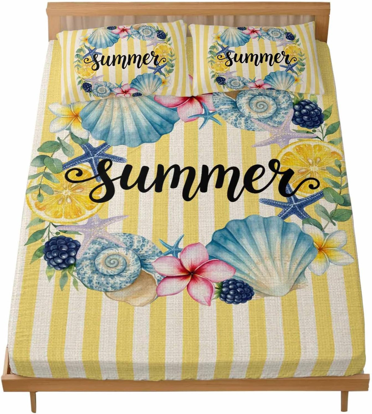 Twin Fitted Sheet, Summer Sea Stars Shells Lemon Soft Brushed Microfiber Deep Pocket Bed Sheets Set, Vintage Yellow Striped Breathable Bottom Sheets with Pillowcase,Fits Mattress Up to 16"