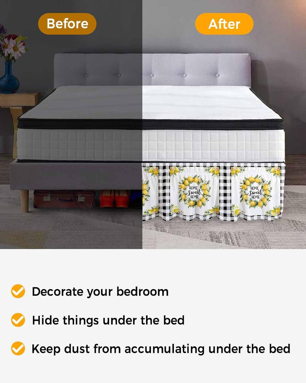 Summer Yellow Lemon Bed Skirt Queen Size 16 Inch Drop, Adjustable Elastic Wrap Around Bed Skirts Easy Fitting Dust Ruffle Bedskirt Bed Frame Cover Black Buffalo Plaid Farmhouse