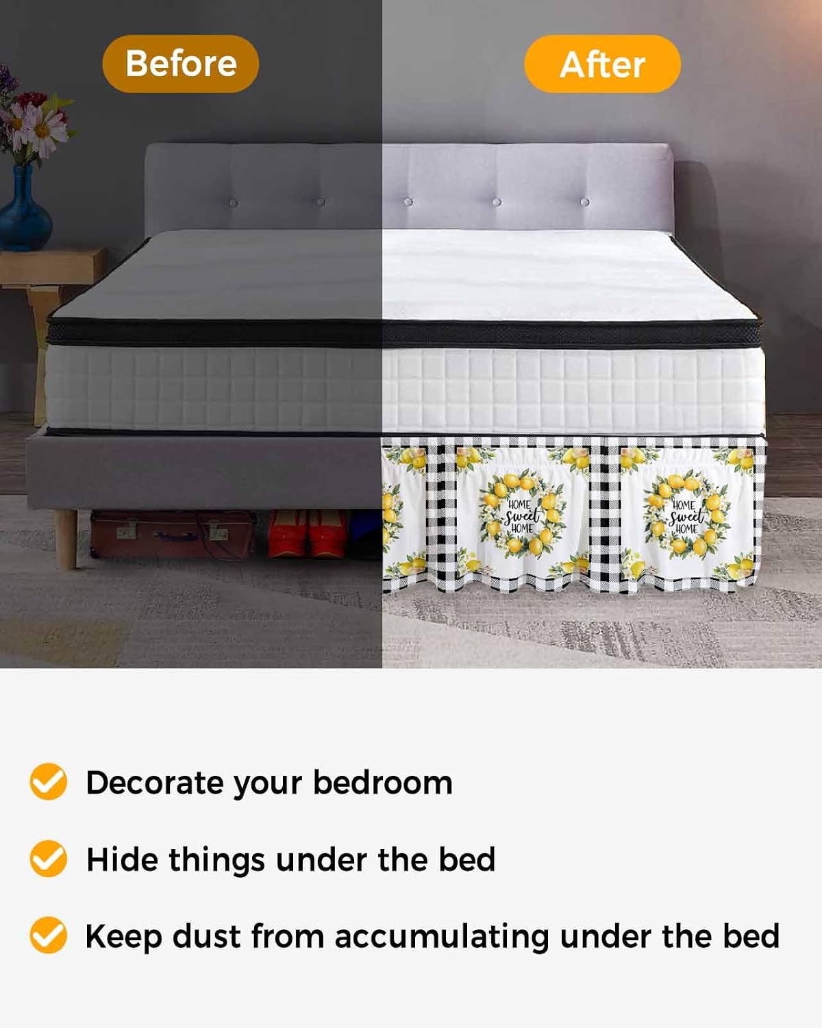 Summer Yellow Lemon Bed Skirt Queen Size 16 Inch Drop, Adjustable Elastic Wrap Around Bed Skirts Easy Fitting Dust Ruffle Bedskirt Bed Frame Cover Black Buffalo Plaid Farmhouse