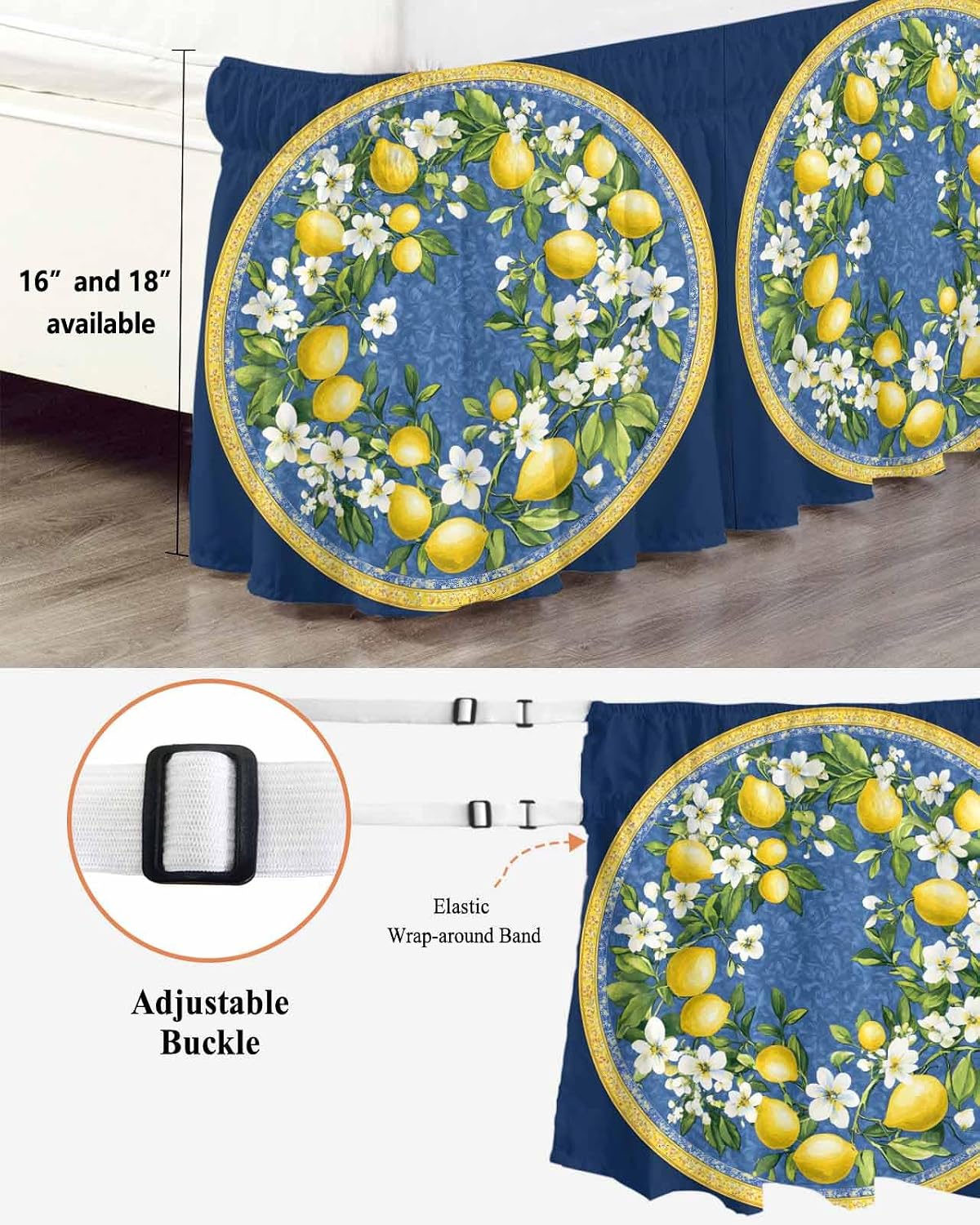 Bed Skirt Yellow Lemons Bohemian Summer Navy Blue Ruffle Bed Skirt Wrap Around Bed Skirts for Queen Beds 16" Drop,Adjustable Elastic Dust Ruffles Easy Fit and Wrinkle-Free