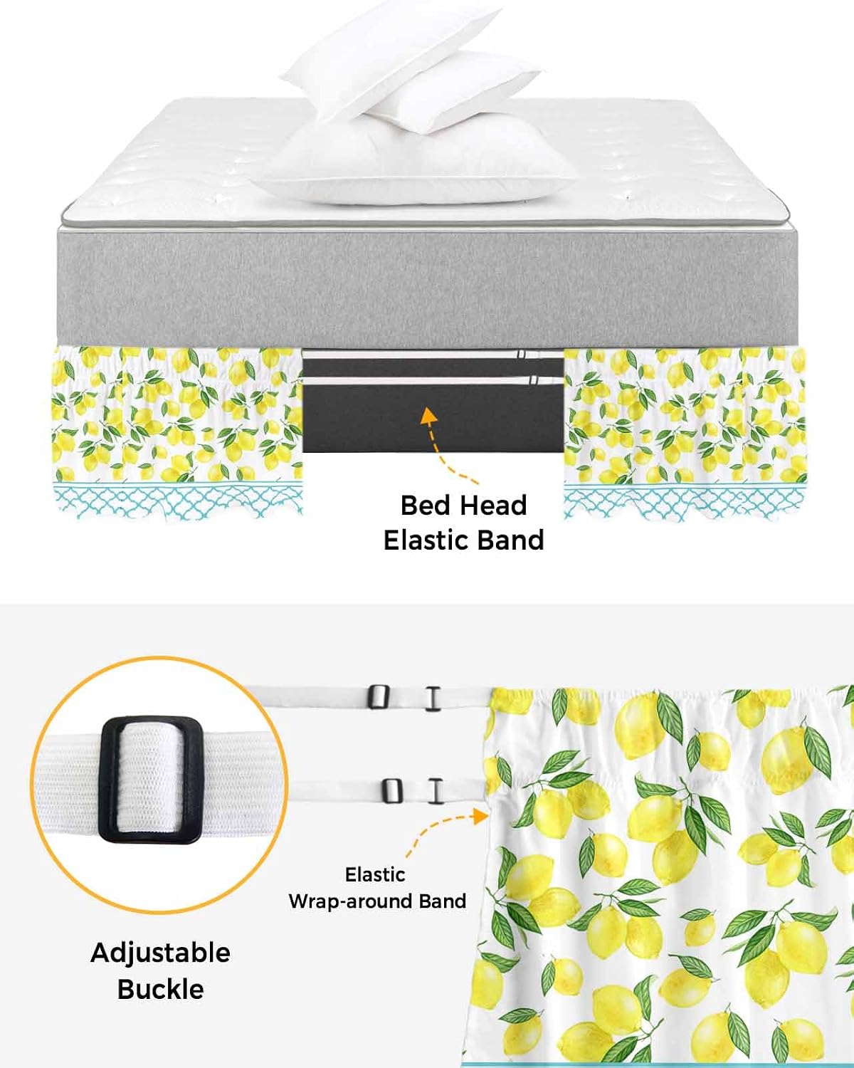 Yellow Lemon Bed Skirt Queen Size 16 Inch Drop, Adjustable Elastic Wrap Around Bed Skirts Easy Fitting Dust Ruffle Bedskirt Bed Frame Cover Farmhouse Summer Botanical Watercolor
