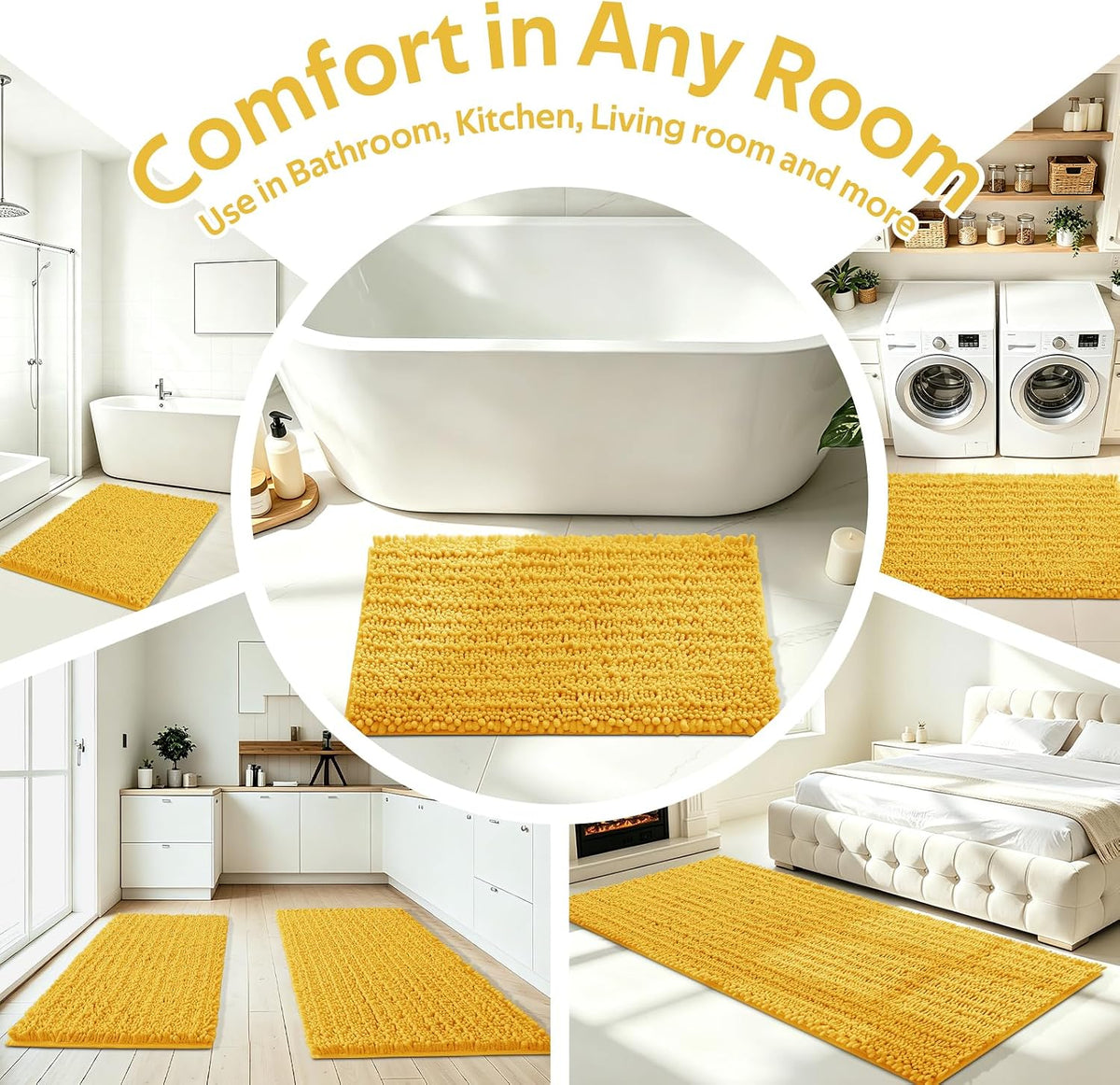 Upgrade Extra Large Gold Bathroom Rug Set 3 Pieces Ultra Soft, Thick Absorbent Bath Mats, Non Slip Chenille Toilet Mat for Bathroom, Bedroom, Kitchen, Yellow