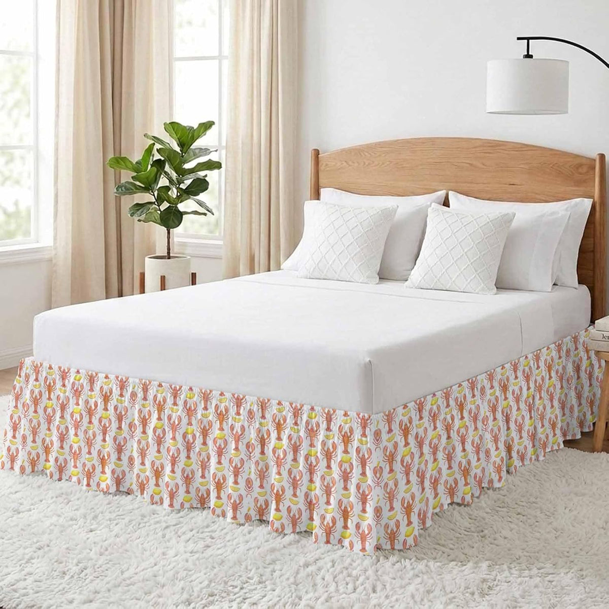 Ocean Orange Lobster Bed Skirt Queen Size 16" Drop Summer Nautical Sea Watercolor Yellow Lemon Ruffled Wrap Around Bed Skirts Adjustable Elastic Bedskirt Dust Ruffle for Queen King California King Bed