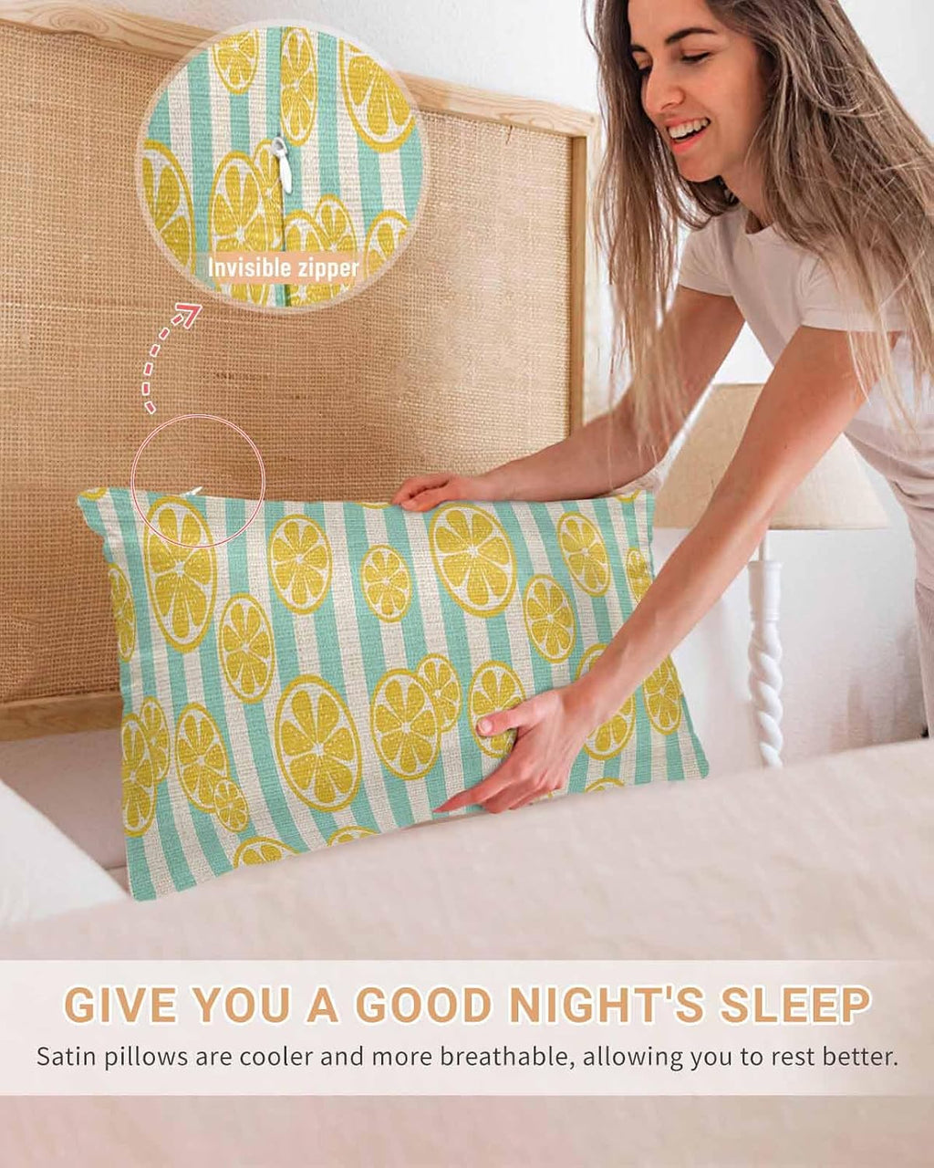 Satin Pillowcase for Hair and Skin, Yellow Lemon Teal Stripes Linen Background Silky Pillow Cases Standard Size with Zipper 2 Pack Soft Cooling Pillow Cover for Women Men, 20''x26''