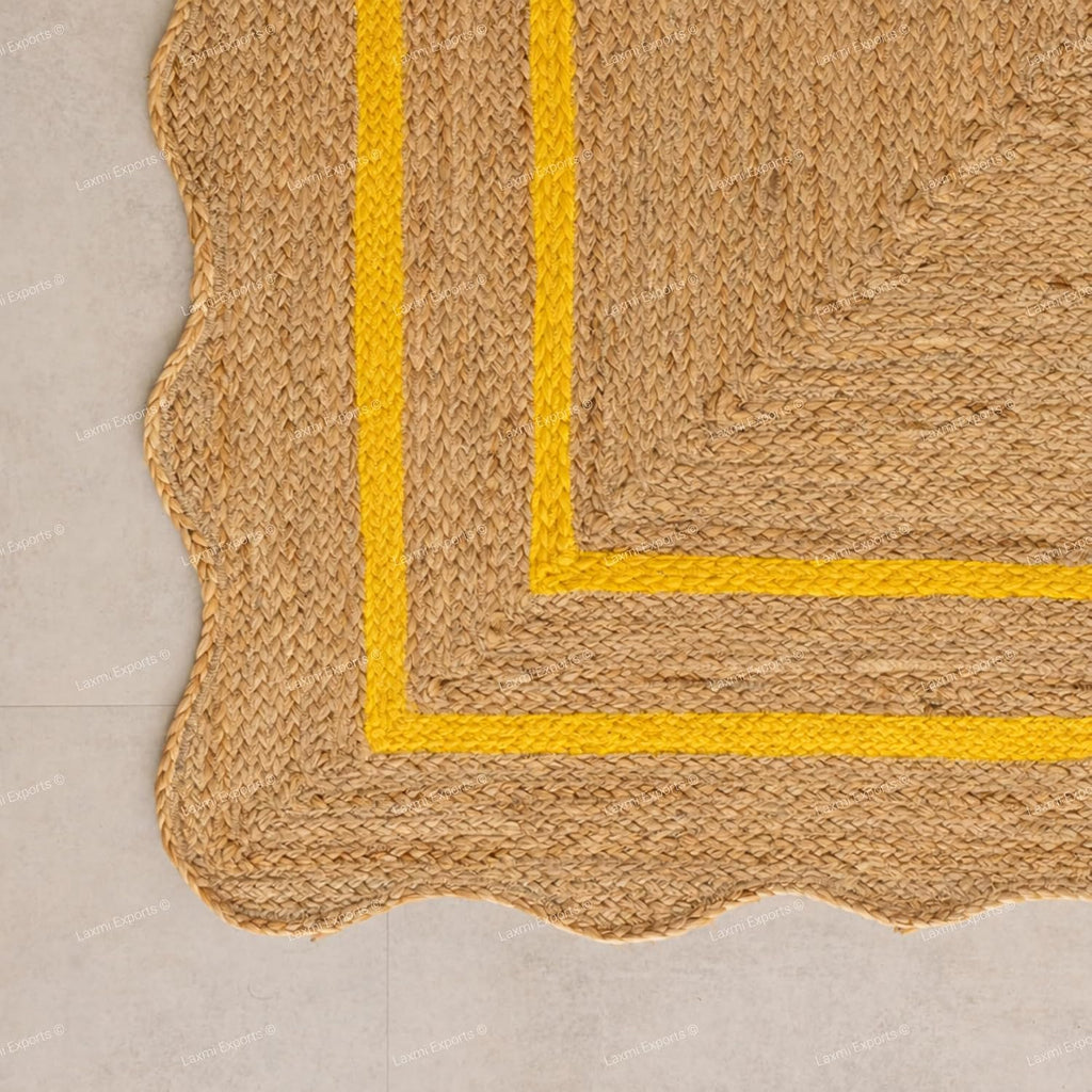 Natural Jute Wave Scalloped Area Rug 2x12 Ft - Yellow Runner Stripe Rugs for Home & Kitchen, Handmade Carpet, Natural Jute Hallway Large Rectangular Area Rug