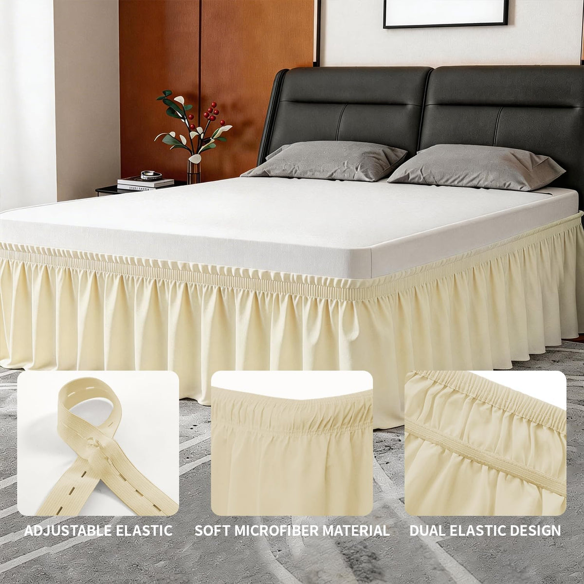 Queen Bed Skirt, Elastic Wrap Around Bed Skirt Queen Size, Bed Skirts for Adjustable Bed, Easy Fit with 14" Drop Length Tailored Drop Dust Ruffle (Light Yellow)